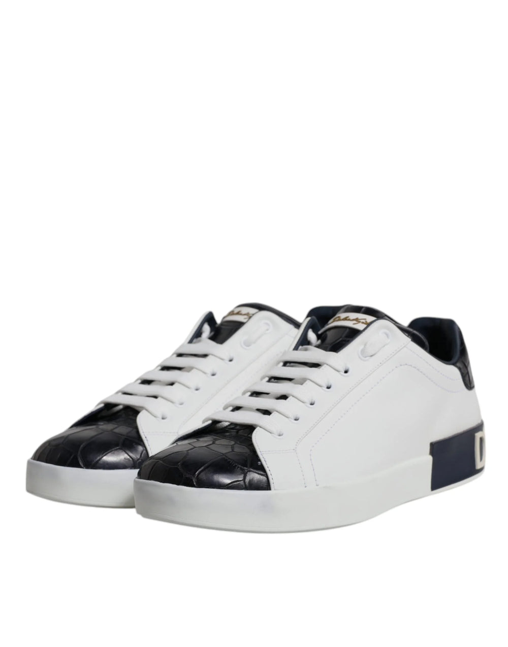 Dolce & Gabbana White Black Leather Portofino Sneakers Shoes - Sneakers