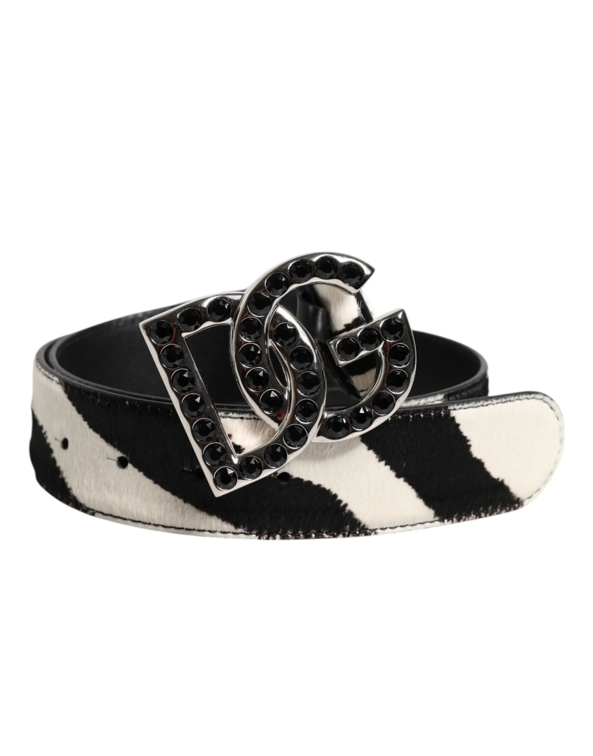 Dolce & Gabbana White Black Leather Zebra DG Crystal Buckle Belt - 75 cm / 29,5 Inches - Belts
