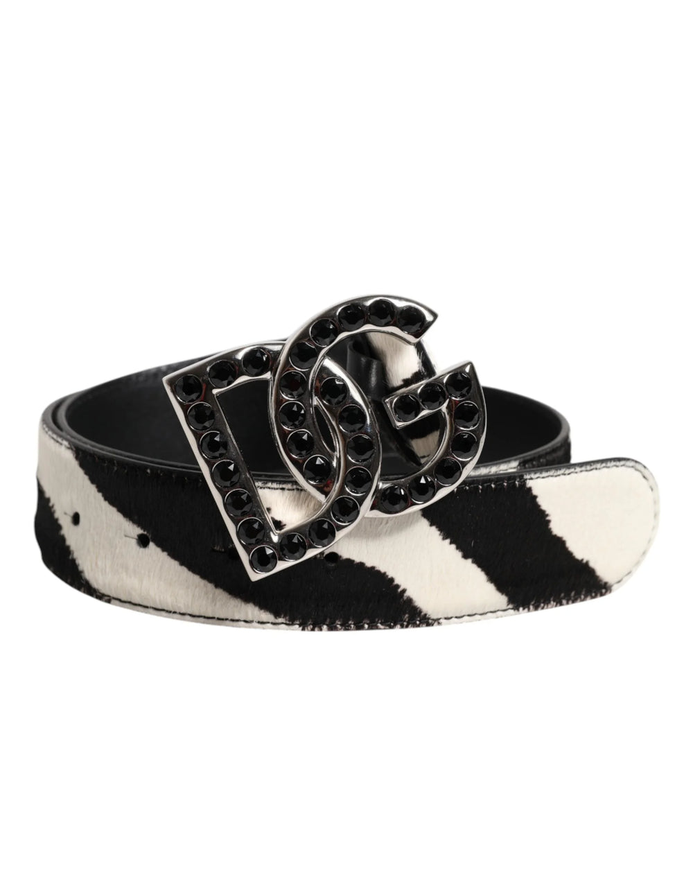 Dolce & Gabbana White Black Leather Zebra DG Crystal Buckle Belt - 75 cm / 29,5 Inches - Belts