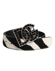 Dolce & Gabbana White Black Leather Zebra DG Crystal Buckle Belt - 75 cm / 29,5 Inches - Belts