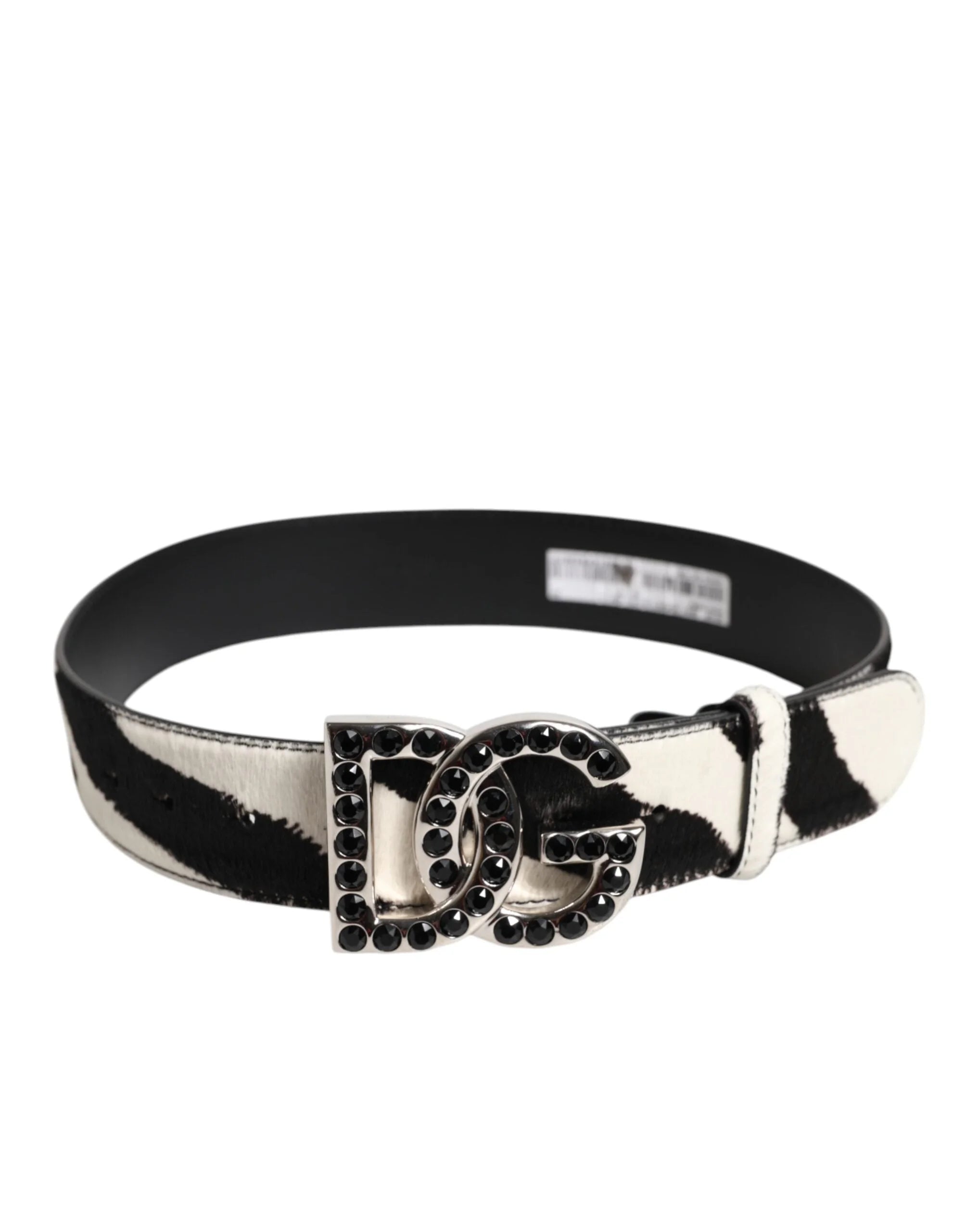 Dolce & Gabbana White Black Leather Zebra DG Crystal Buckle Belt - 75 cm / 29,5 Inches - Belts