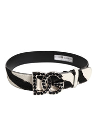 Dolce & Gabbana White Black Leather Zebra DG Crystal Buckle Belt - 75 cm / 29,5 Inches - Belts