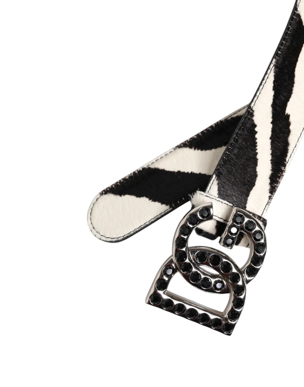 Dolce & Gabbana White Black Leather Zebra DG Crystal Buckle Belt - 75 cm / 29,5 Inches - Belts