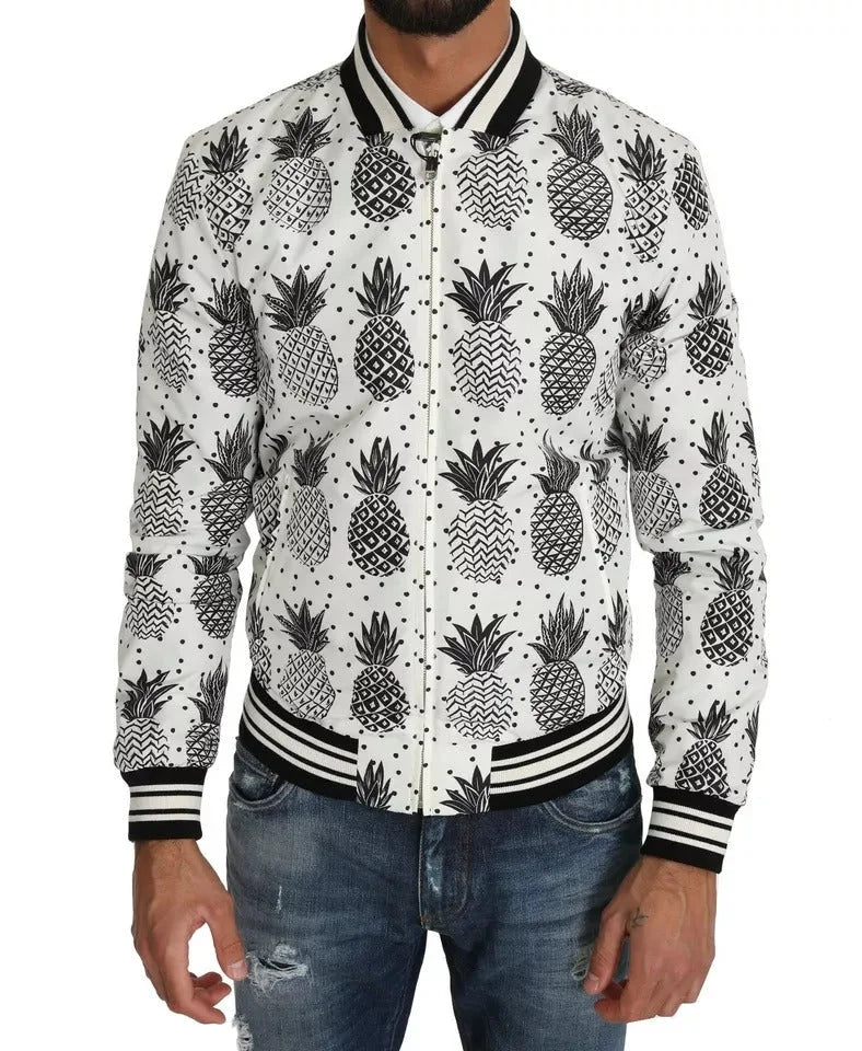 Dolce & Gabbana White Black Pineapple Bomber Coat Jacket - IT44 | XS - Bomber Jackets