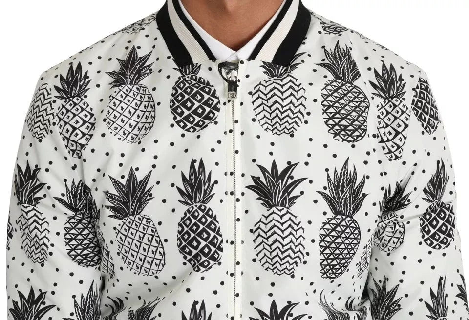Dolce & Gabbana White Black Pineapple Bomber Coat Jacket - IT44 | XS - Bomber Jackets