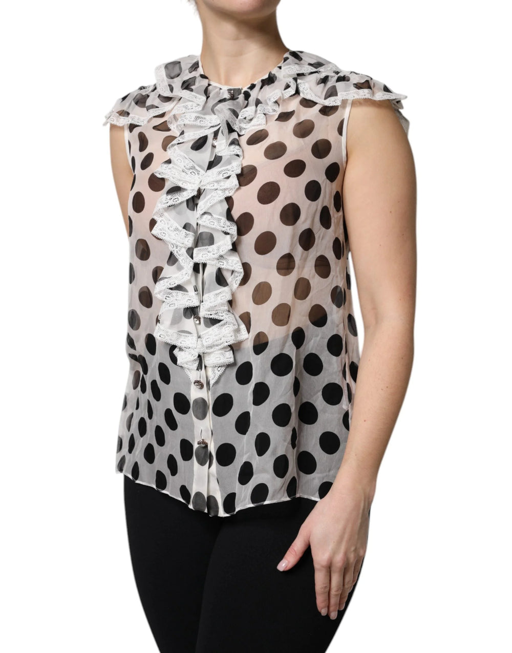 Dolce & Gabbana White Black Polka Dot Cotton Sleeveless Top - Blouses