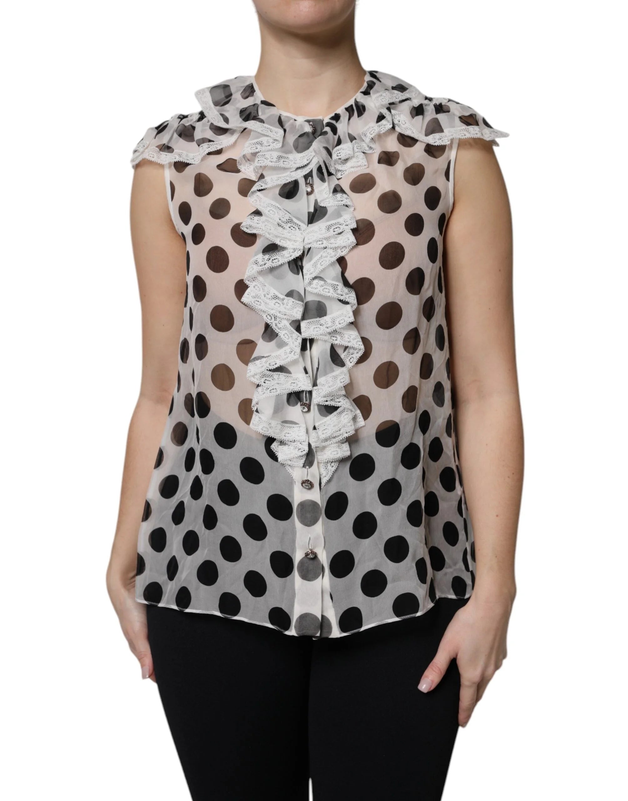 Dolce & Gabbana White Black Polka Dot Cotton Sleeveless Top - Blouses