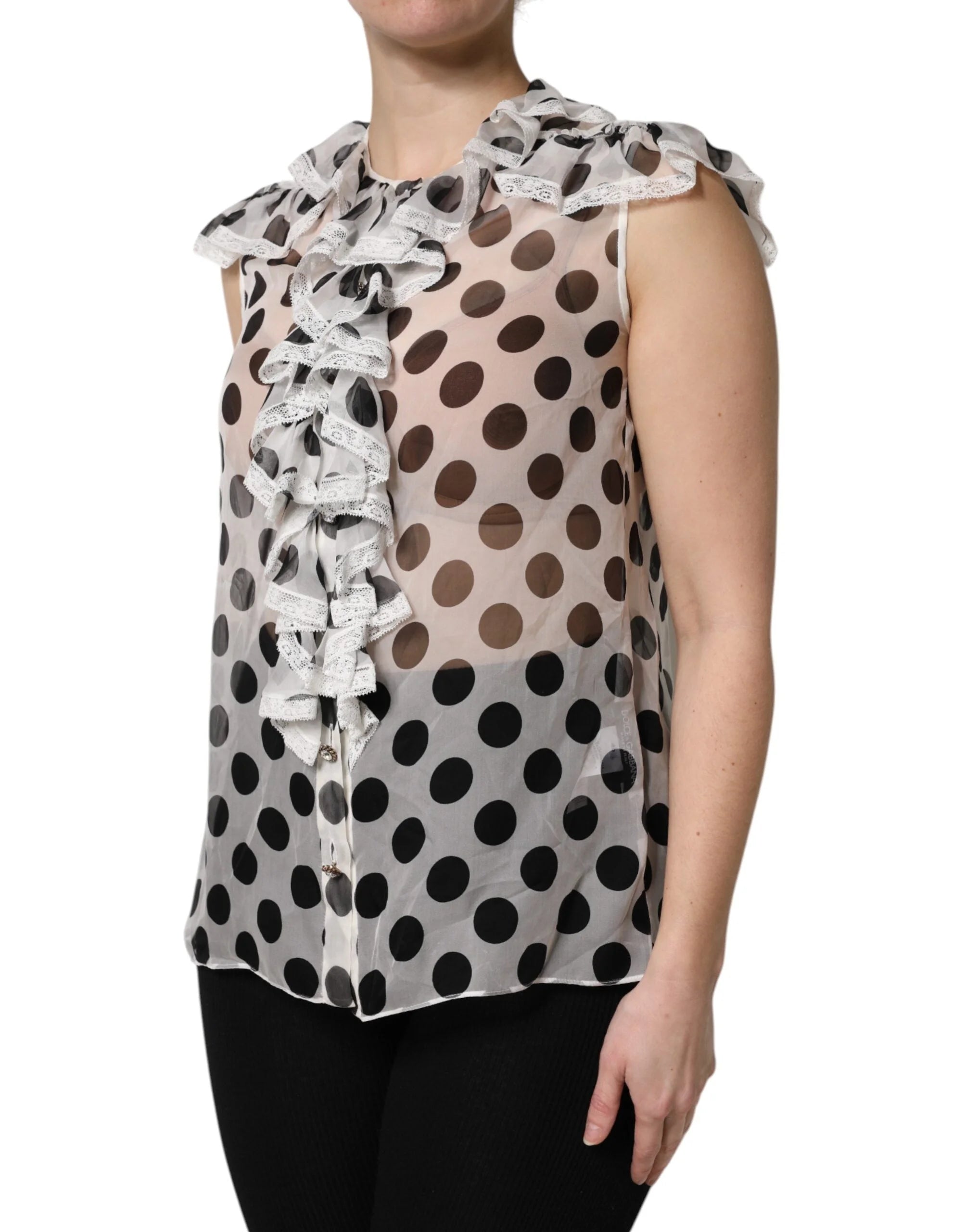 Dolce & Gabbana White Black Polka Dot Cotton Sleeveless Top - Blouses
