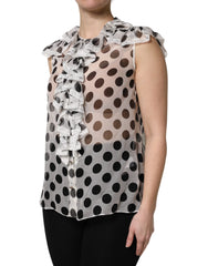 Dolce & Gabbana White Black Polka Dot Cotton Sleeveless Top - Blouses