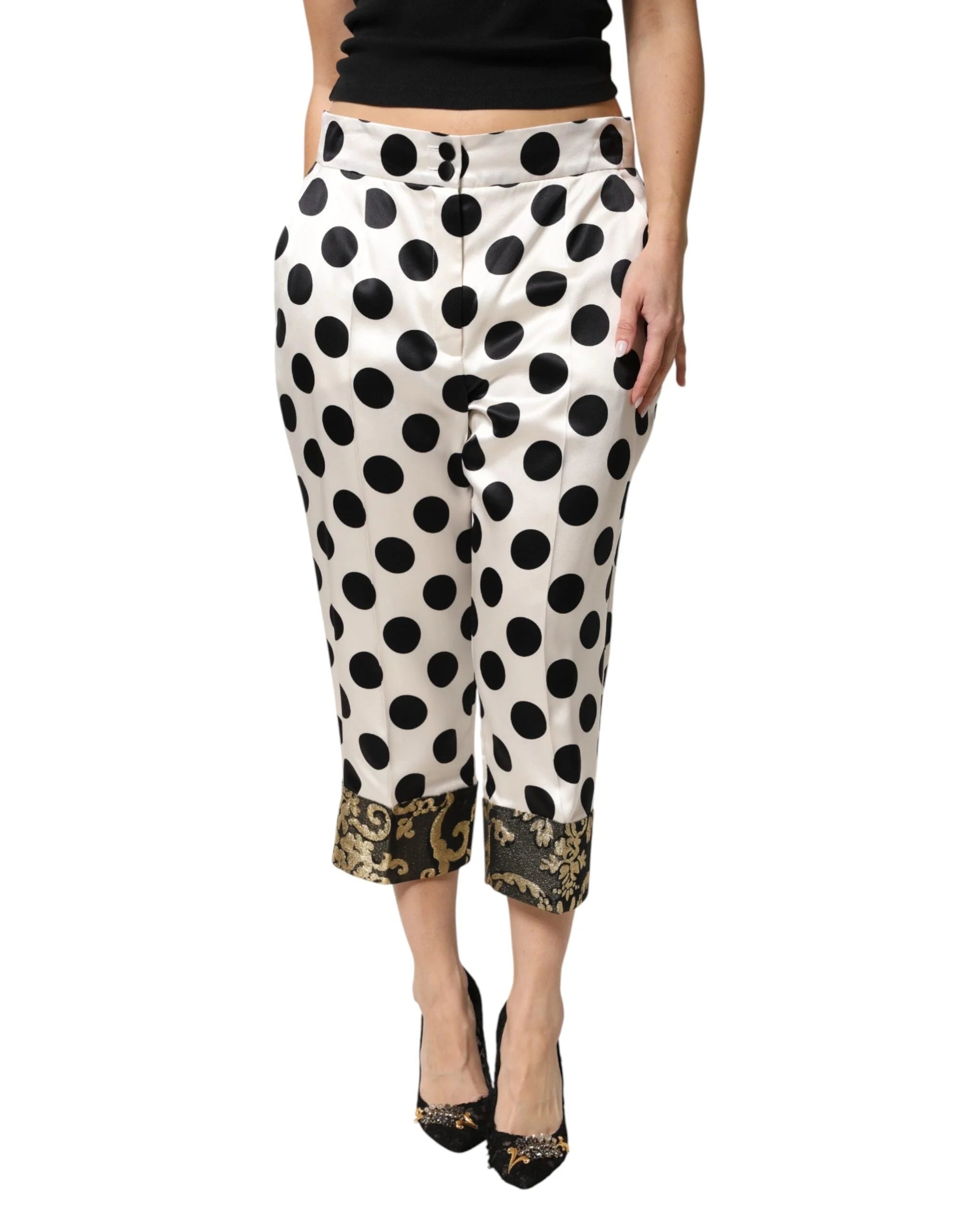Dolce & Gabbana White Black Polka Dot Silk Mid Waist Cropped Pants - IT48|XXL