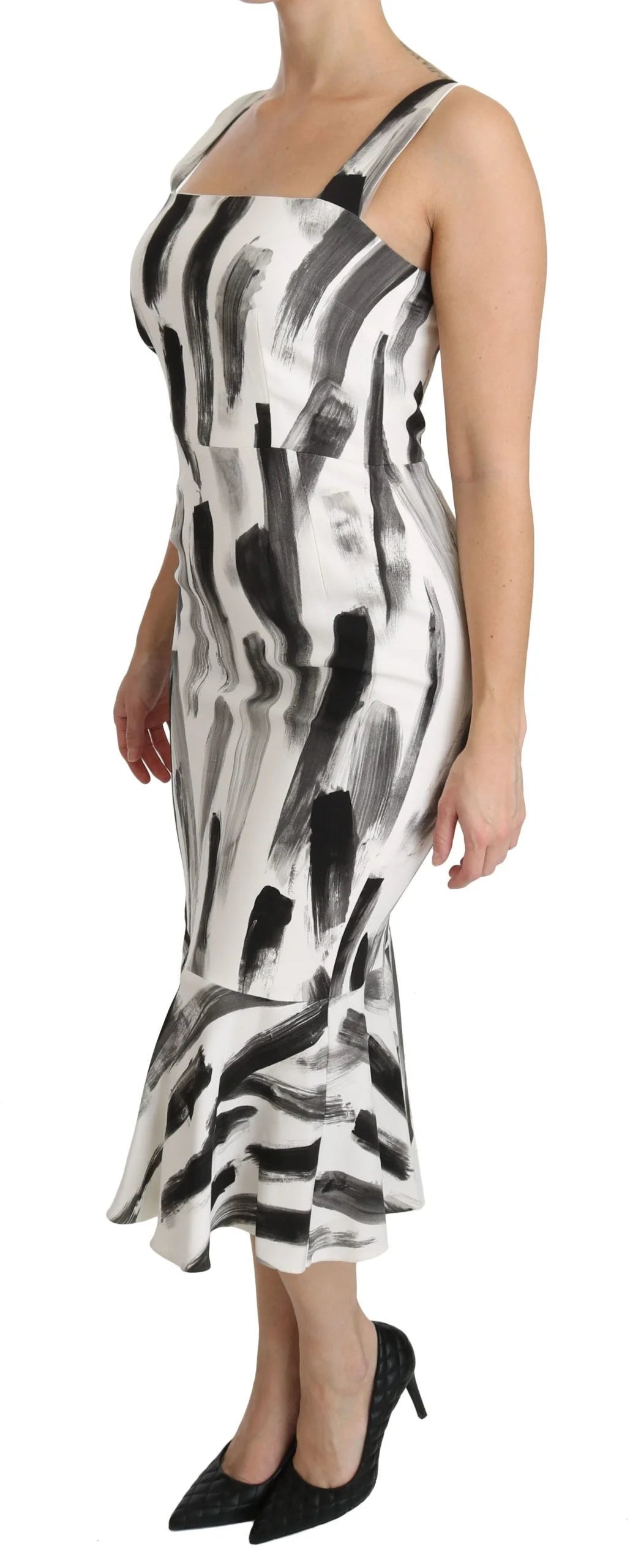 Dolce & Gabbana White Black Printed Sheath Midi Viscose Dress - Dresses