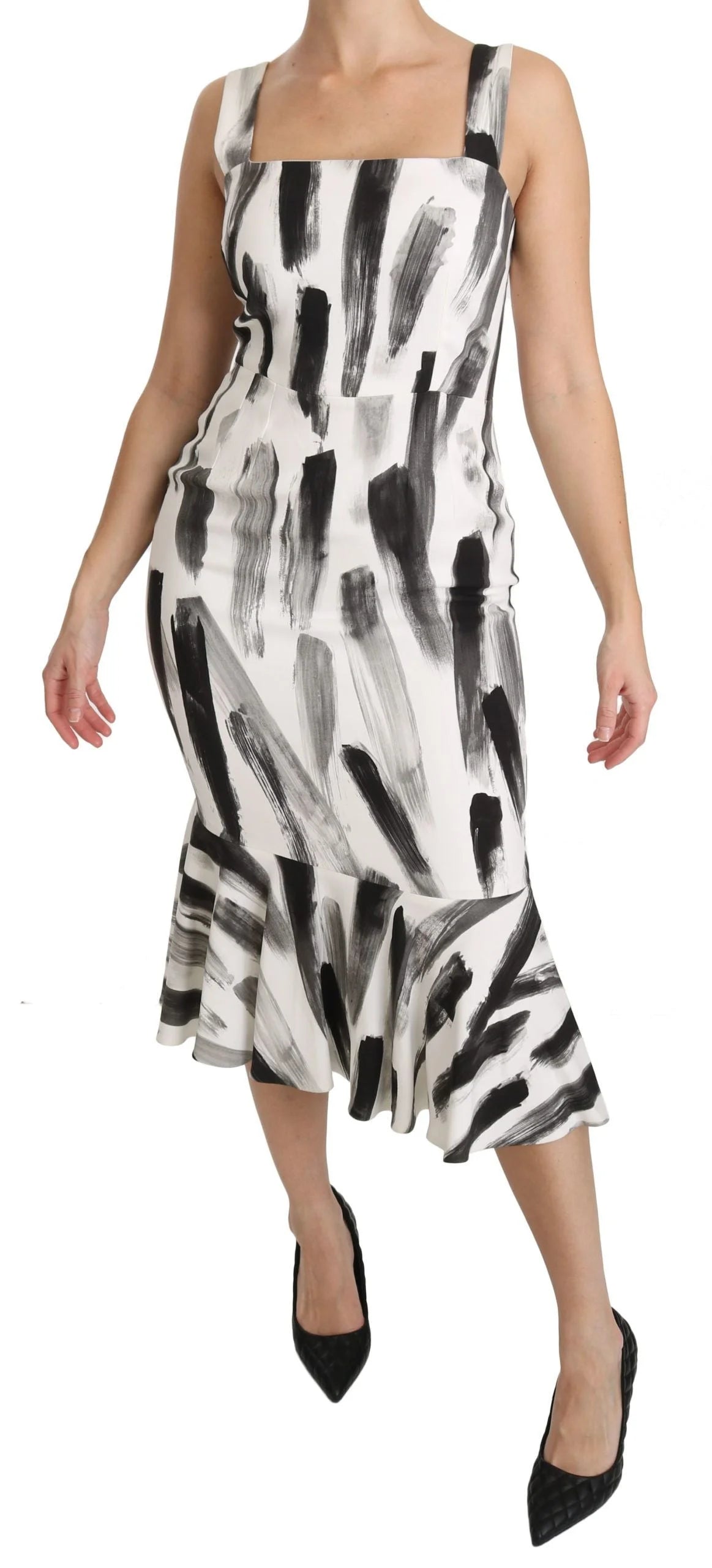 Dolce & Gabbana White Black Printed Sheath Midi Viscose Dress - Dresses