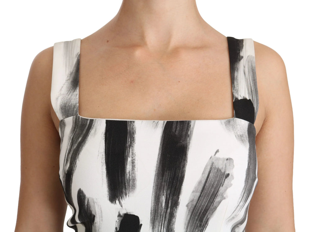 Dolce & Gabbana White Black Printed Sheath Midi Viscose Dress - Dresses