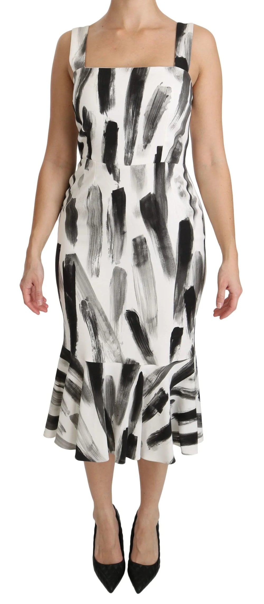 Dolce & Gabbana White Black Printed Sheath Midi Viscose Dress - Dresses