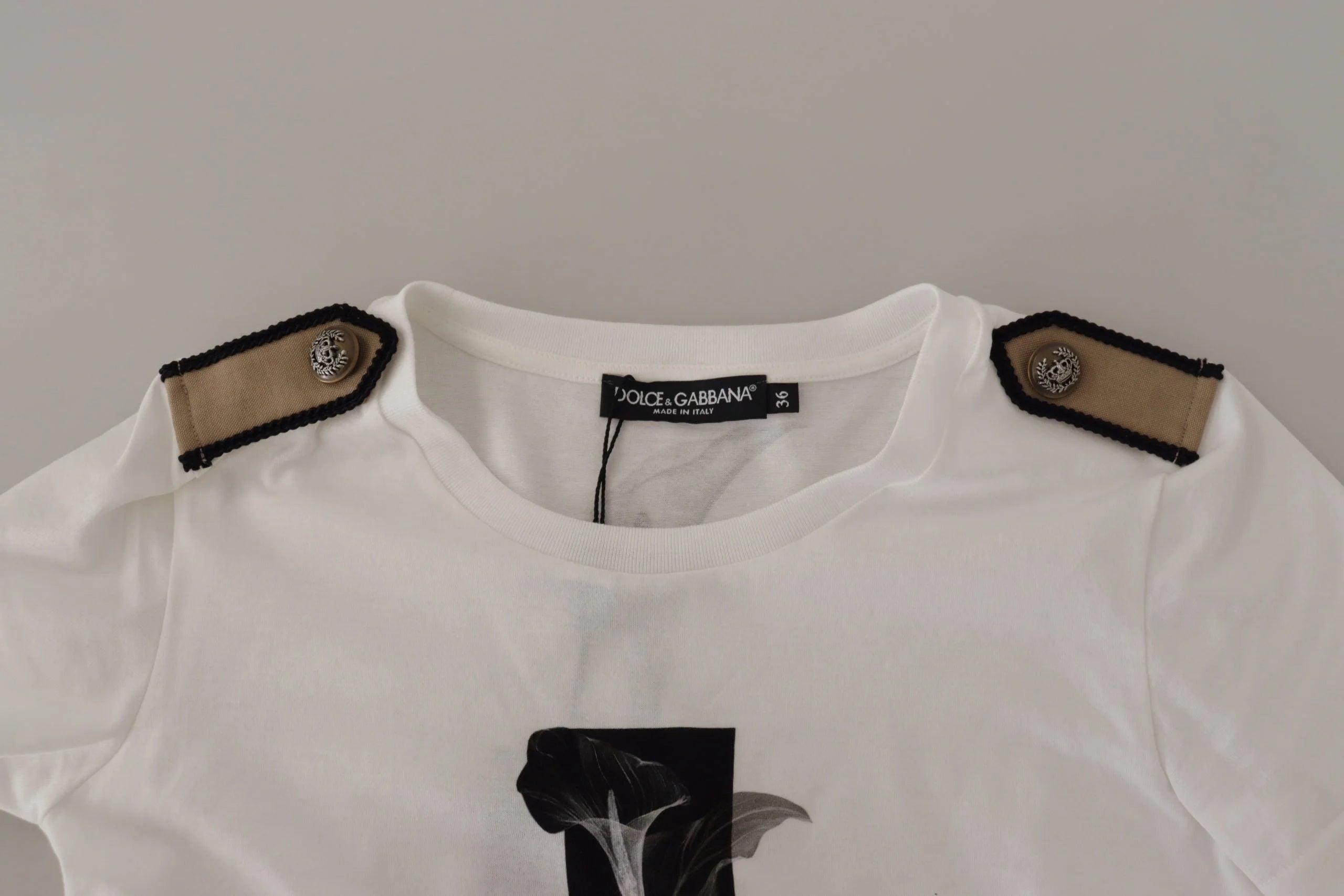 Dolce & Gabbana White Black Roses Crewneck Cotton T-shirt - T-Shirts