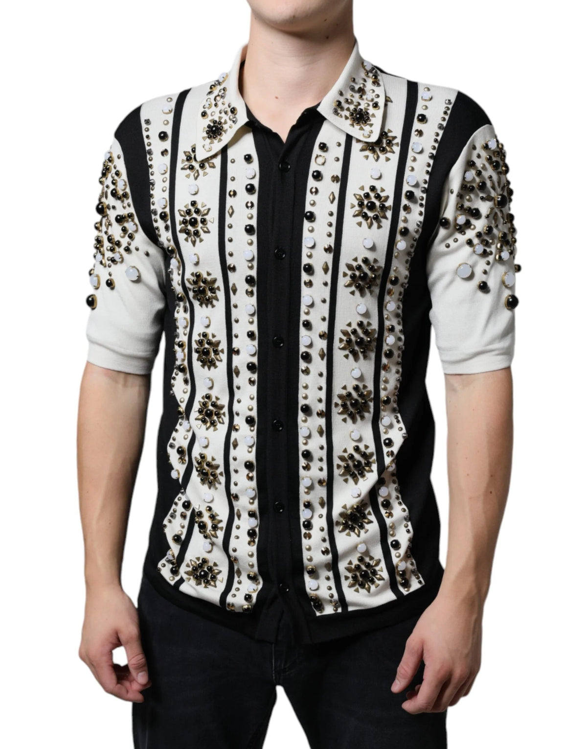 Dolce & Gabbana White Black Silk Studded Stone Crystal Shirt - IT48 | M - Shirts