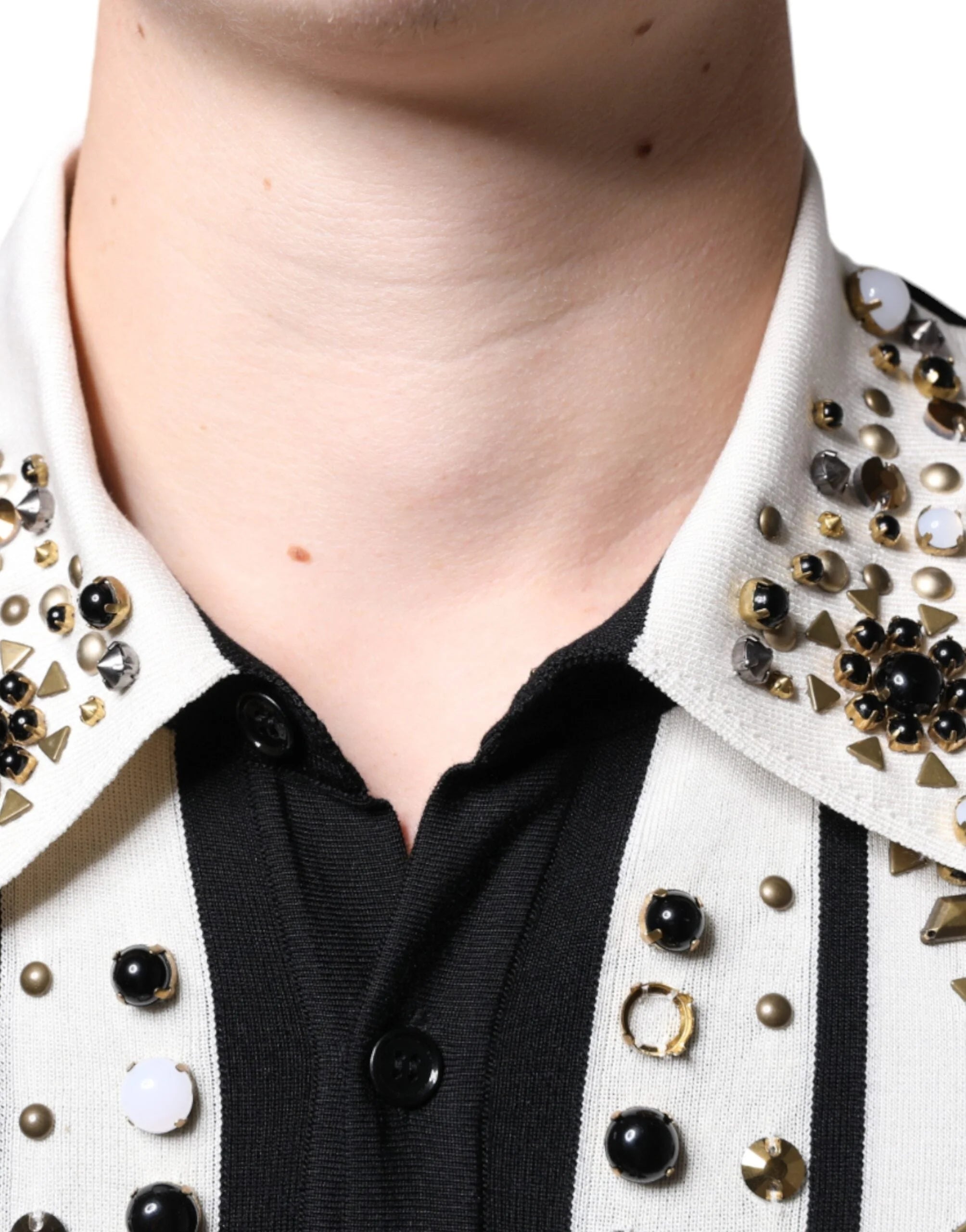 Dolce & Gabbana White Black Silk Studded Stone Crystal Shirt - IT48 | M - Shirts