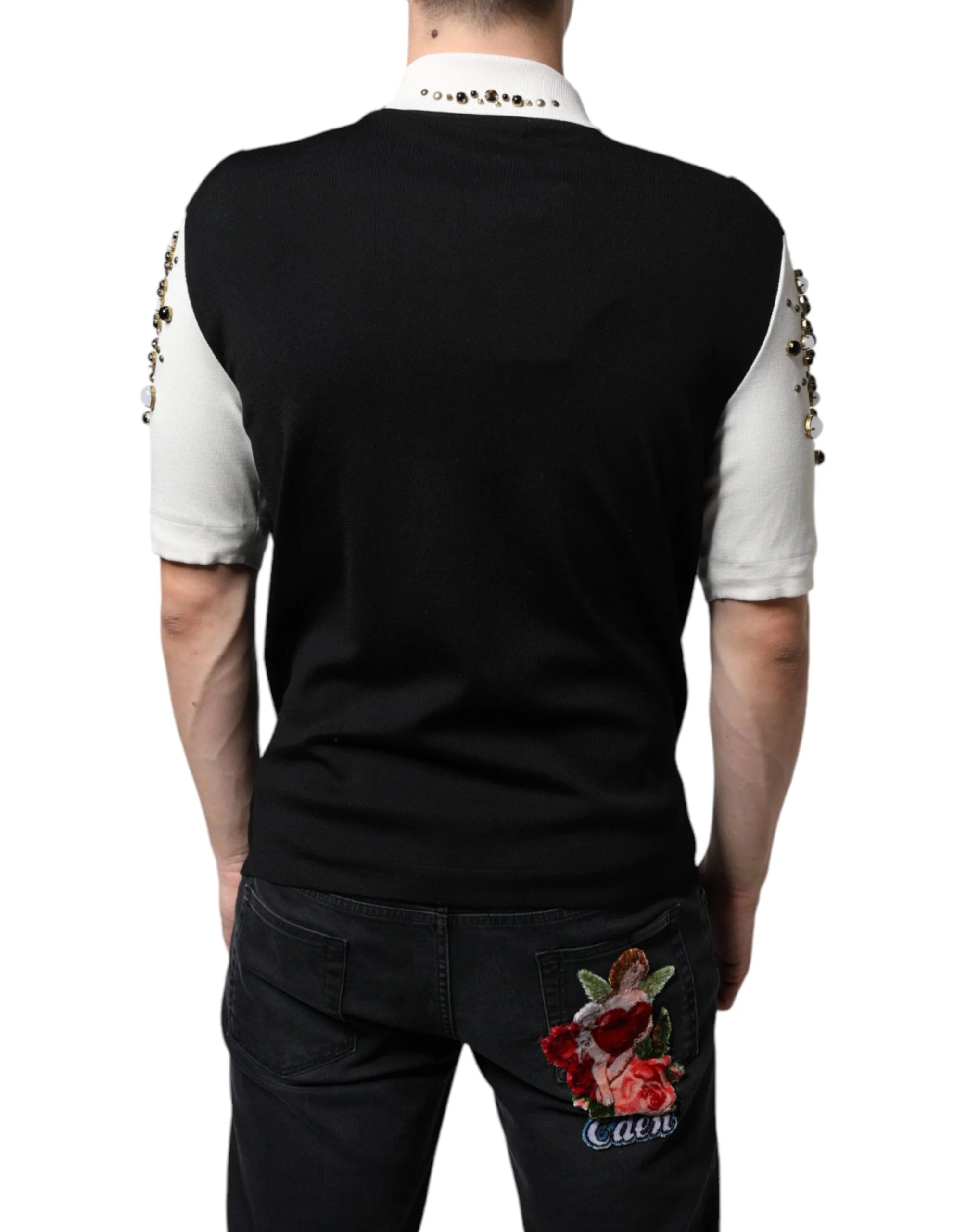 Dolce & Gabbana White Black Silk Studded Stone Crystal Shirt - IT48 | M - Shirts