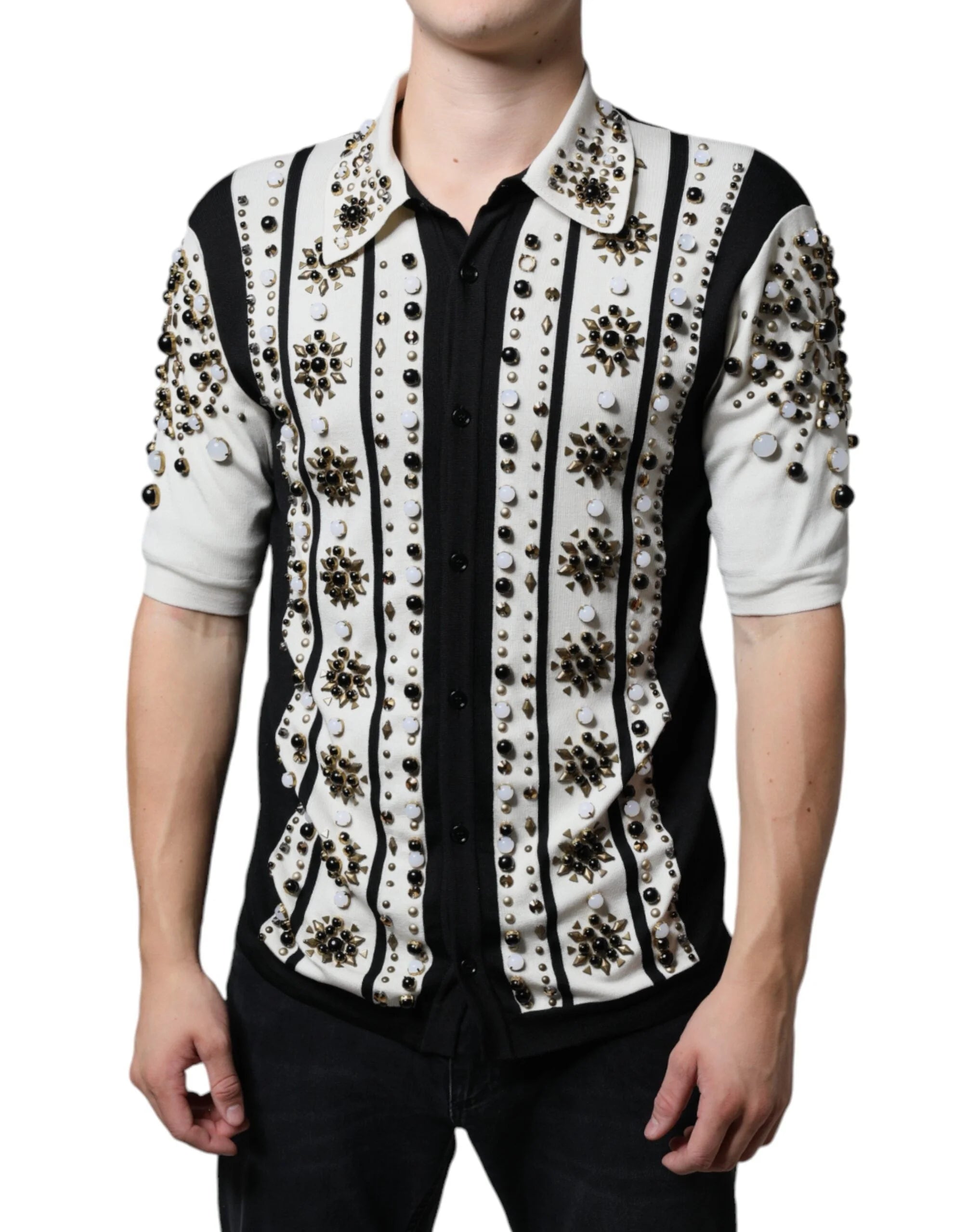 Dolce & Gabbana White Black Silk Studded Stone Crystal Shirt - IT48 | M - Shirts