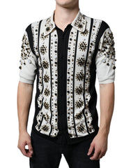 Dolce & Gabbana White Black Silk Studded Stone Crystal Shirt - IT48 | M - Shirts