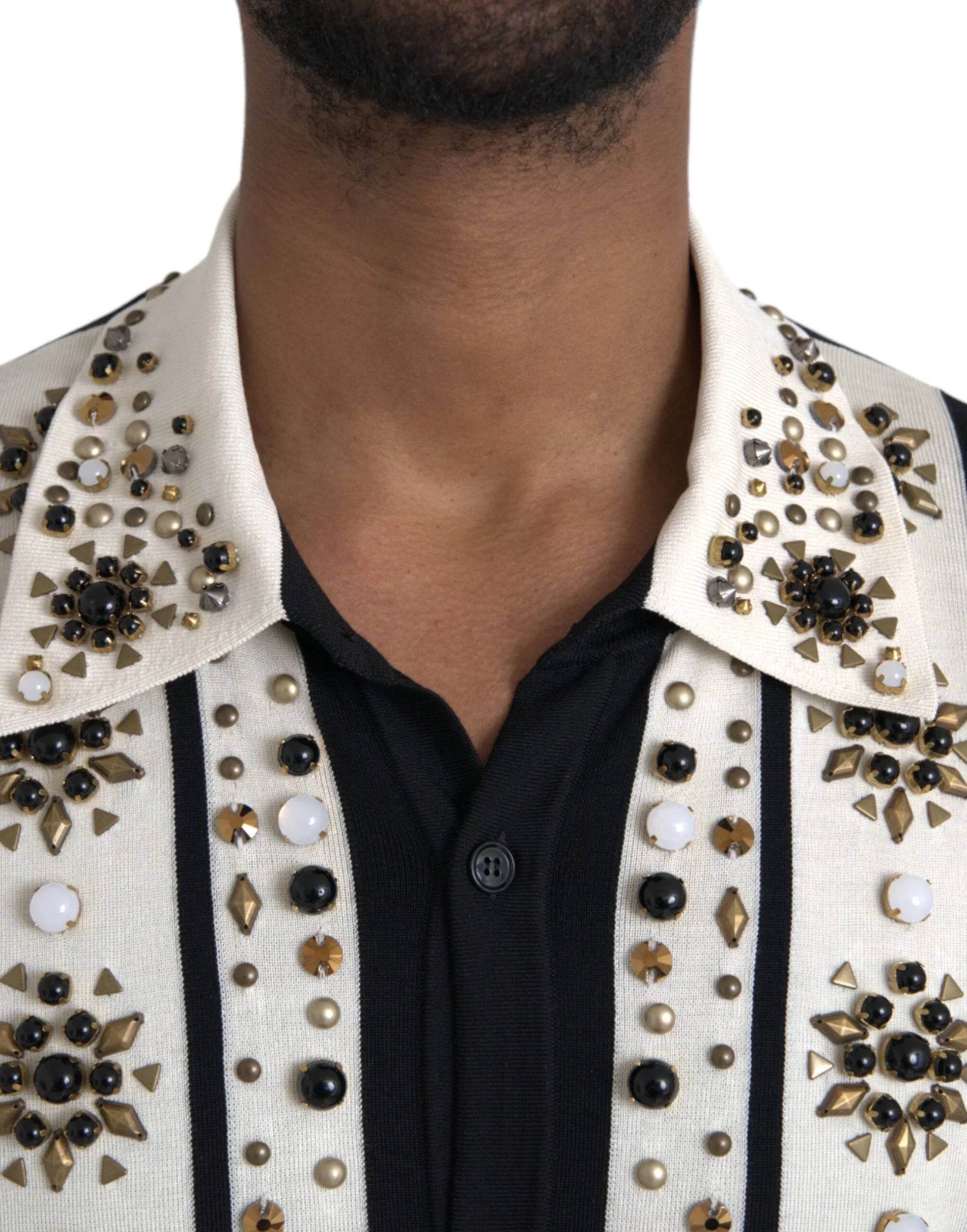 Dolce & Gabbana White Black Silk Studded Stone Crystal Shirt - IT50 | L - Shirts