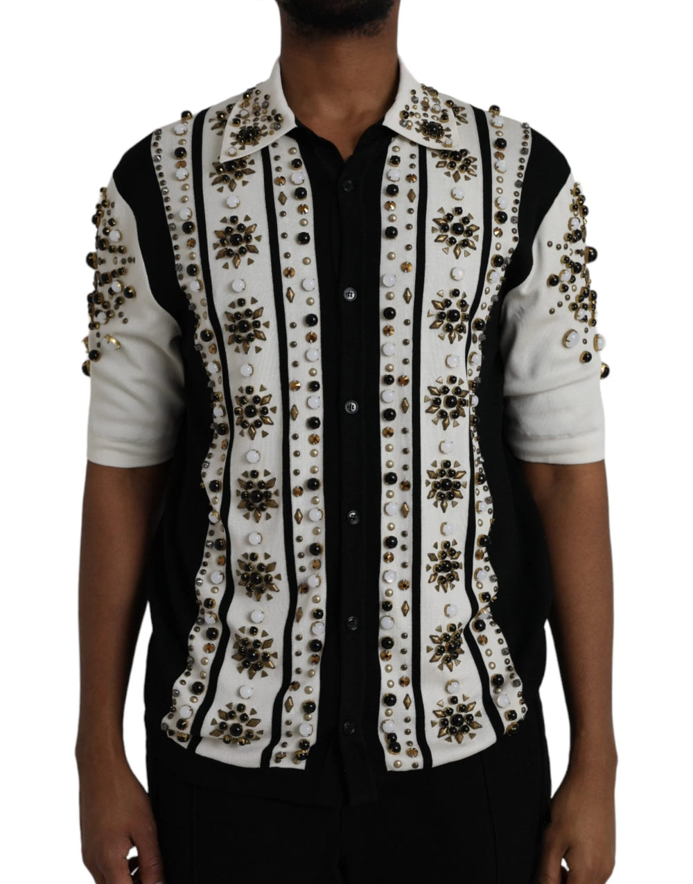 Dolce & Gabbana White Black Silk Studded Stone Crystal Shirt - IT50 | L - Shirts