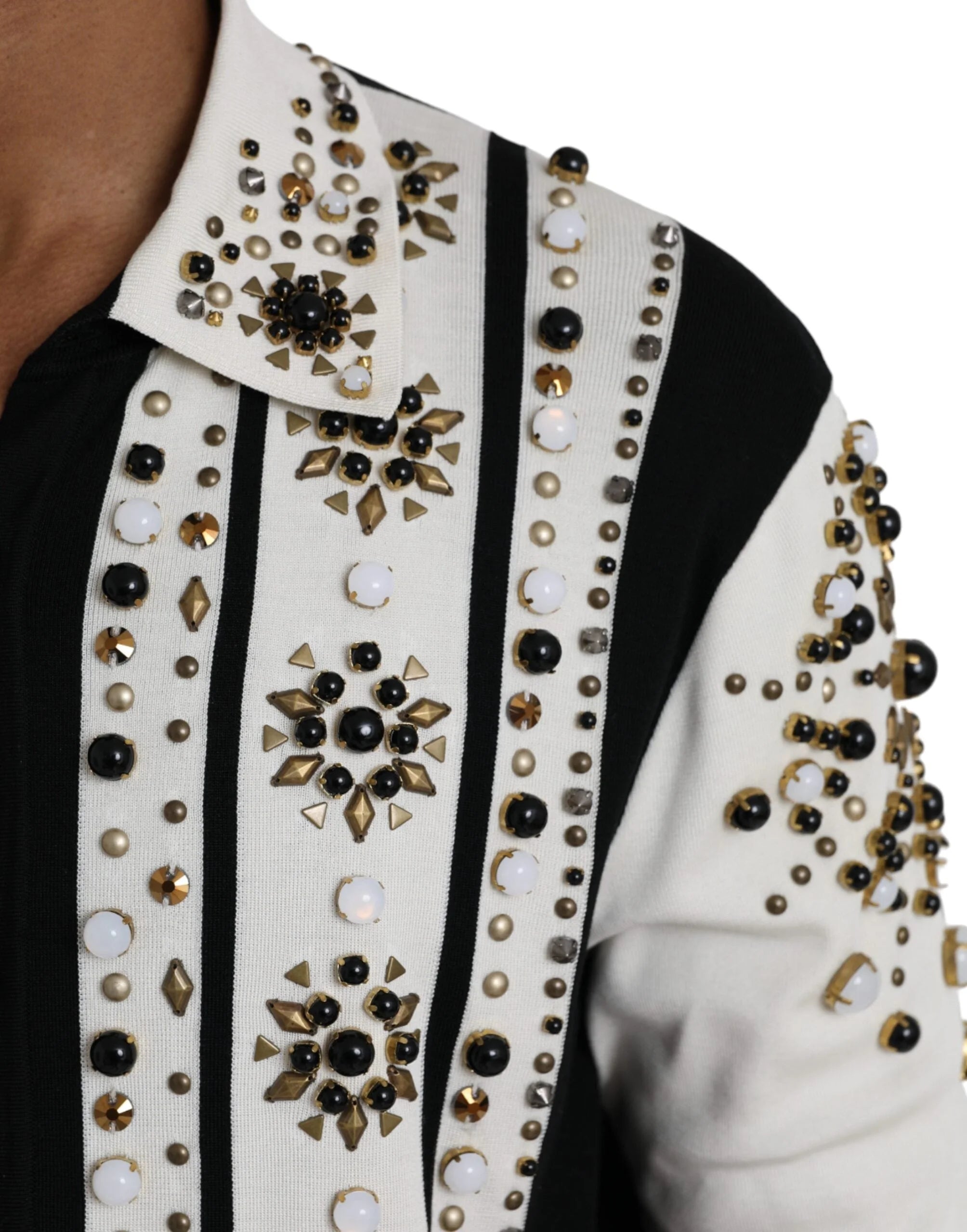 Dolce & Gabbana White Black Silk Studded Stone Crystal Shirt - IT50 | L - Shirts