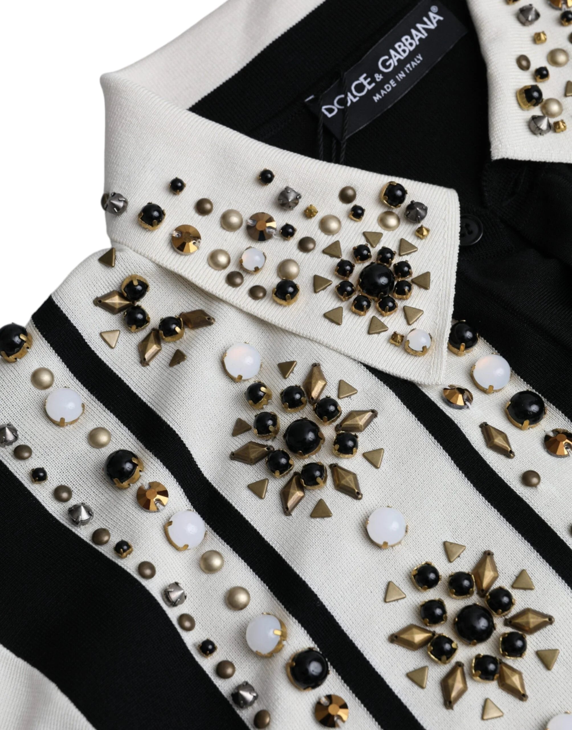 Dolce & Gabbana White Black Silk Studded Stone Crystal Shirt - IT50 | L - Shirts