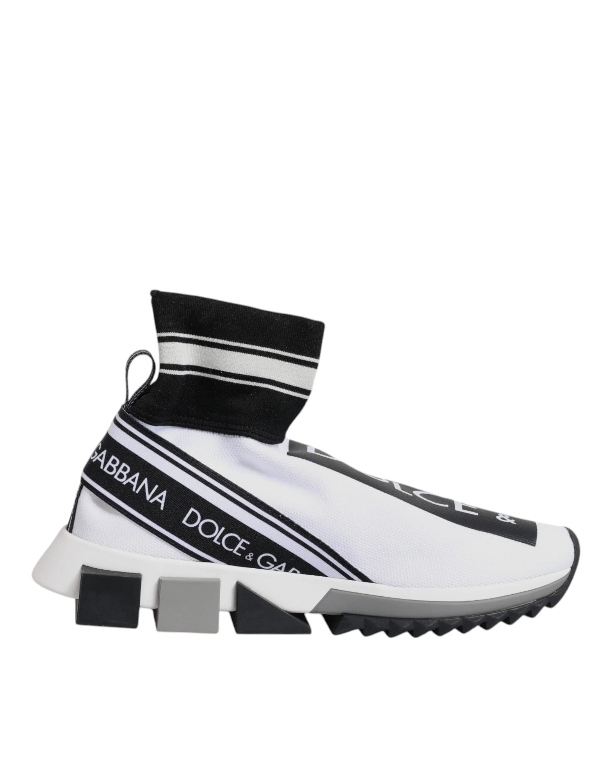 Indvendigt sidebillede af de hvide og sorte Dolce & Gabbana sok-sneakers, der viser det ergonomiske slip-on design.