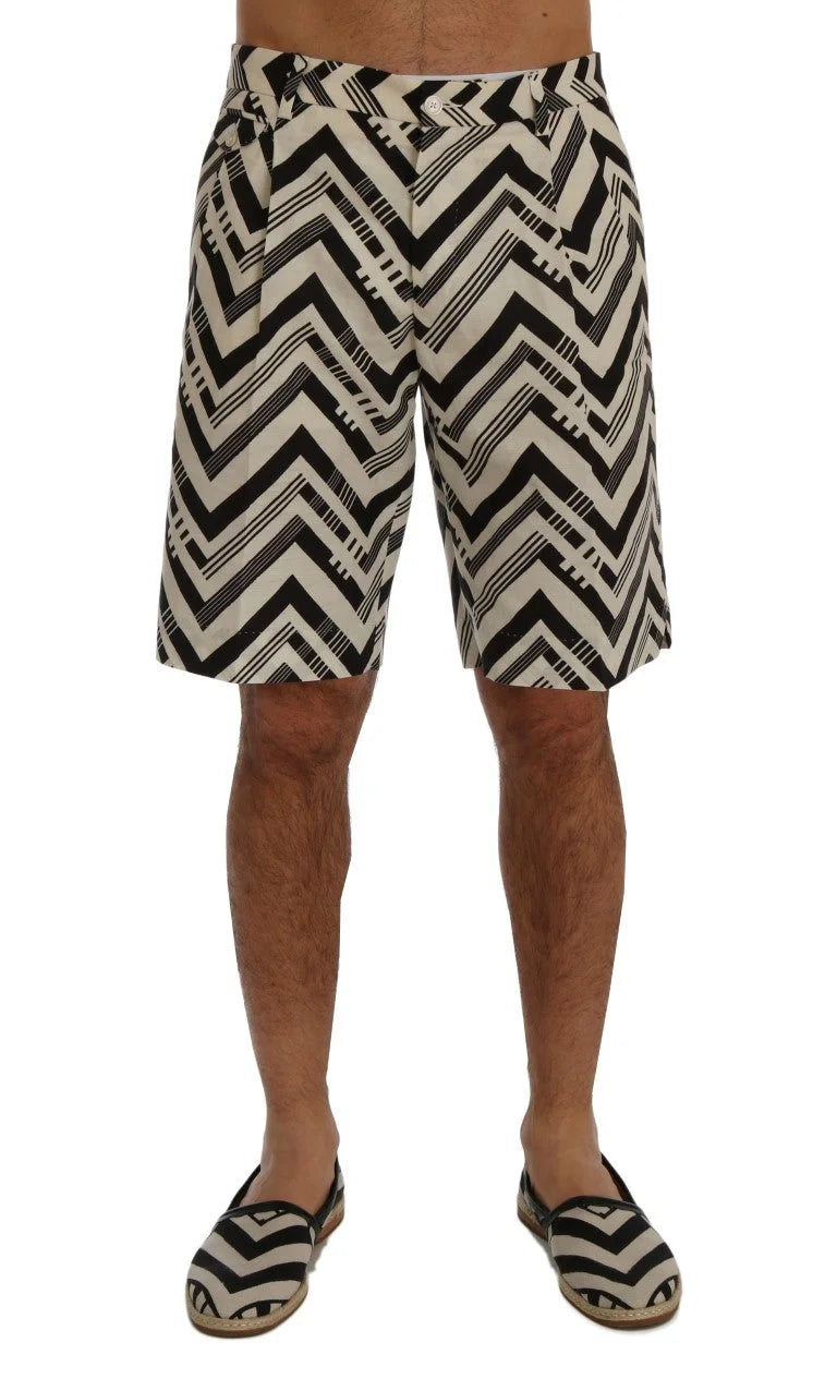 Dolce & Gabbana White Black Striped Cotton Linen Shorts - Short Trousers