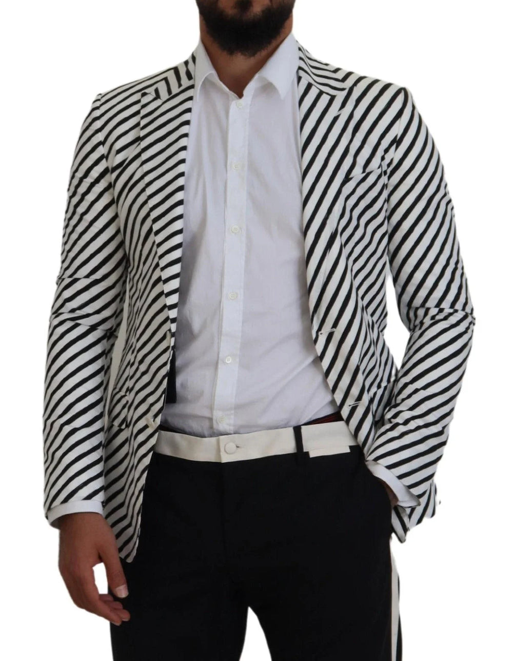 Dolce & Gabbana White Black Striped Slim Fit Jacket Blazer - Sport Jackets