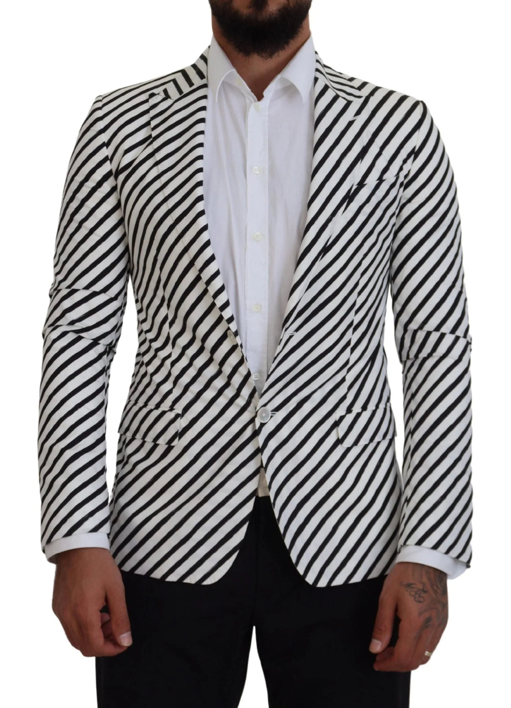 Dolce & Gabbana White Black Striped Slim Fit Jacket Blazer - Sport Jackets