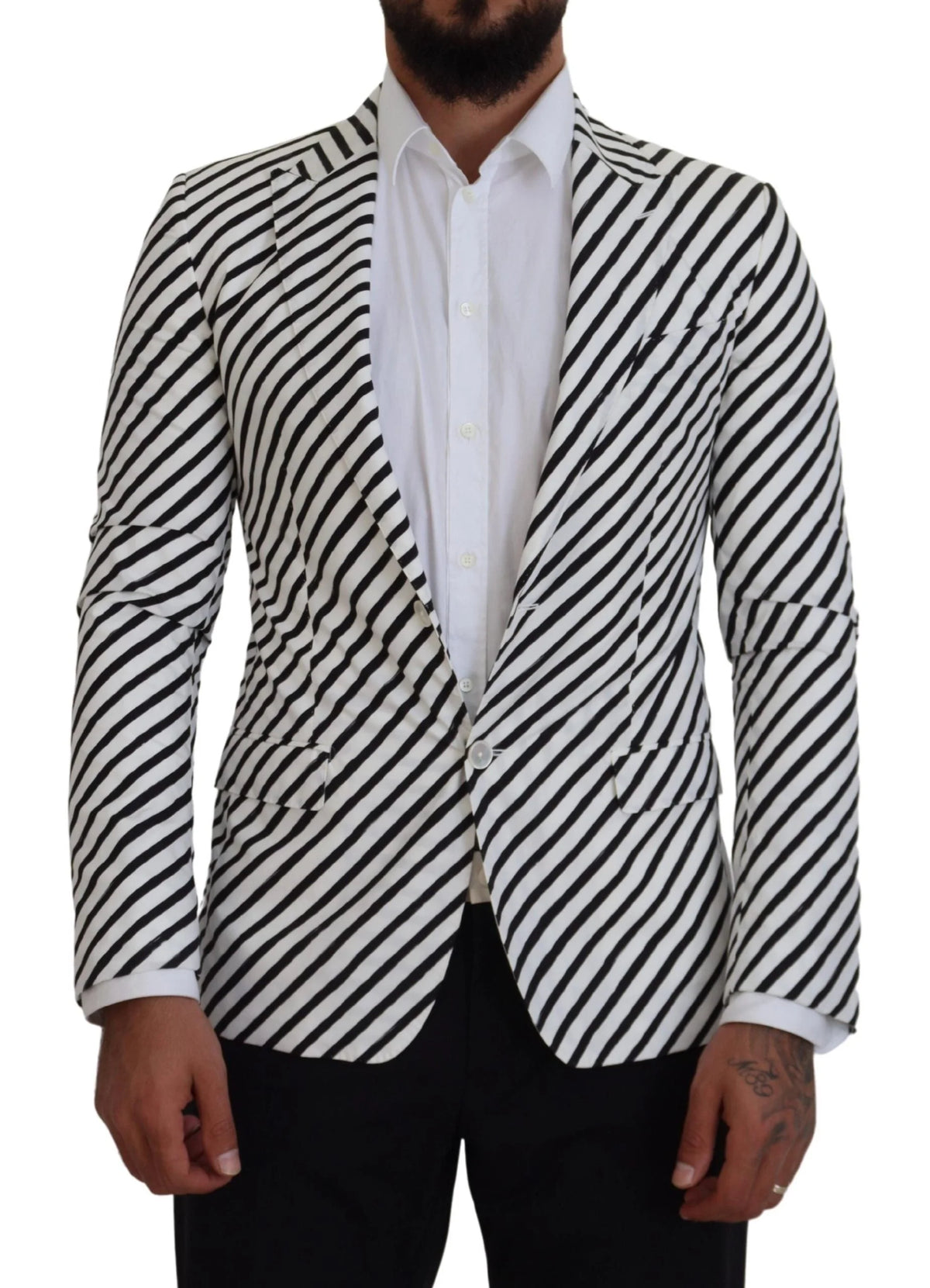 Dolce & Gabbana White Black Striped Slim Fit Jacket Blazer - Sport Jackets