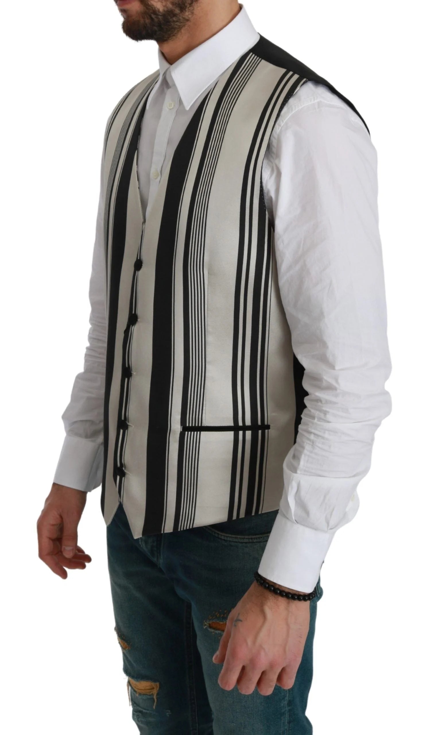 Dolce & Gabbana White Black Stripes Waistcoat Formal Vest - IT48 | M - Vests