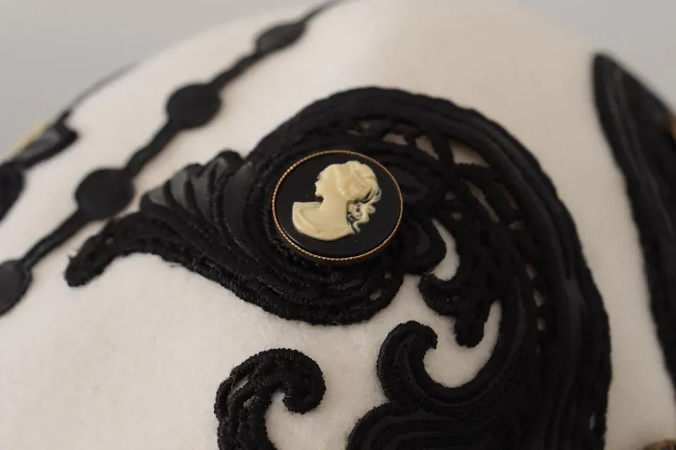 Dolce & Gabbana White Black Wool Embroidered Cameo Brooch Hat - Hats