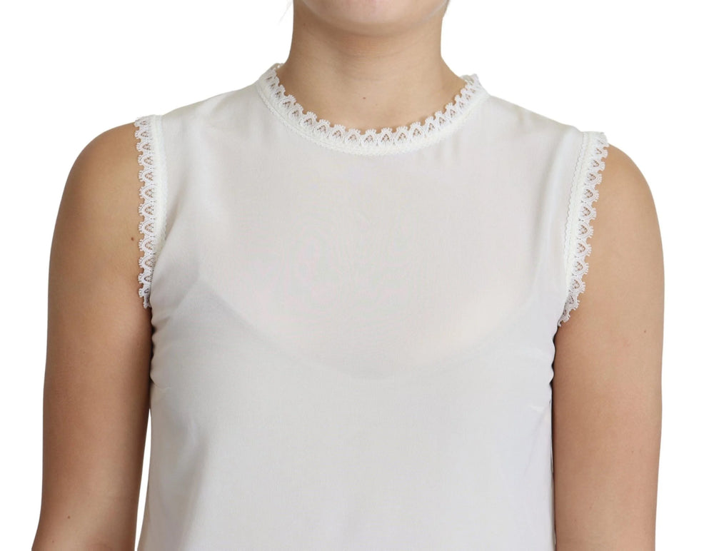 Dolce & Gabbana White Blouse Silk Lace Trimmed Sleeveless Top - IT38|XS - Blouses