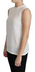 Dolce & Gabbana White Blouse Silk Lace Trimmed Sleeveless Top - IT38|XS - Blouses