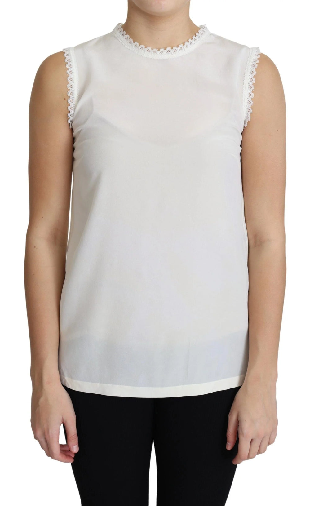 Dolce & Gabbana White Blouse Silk Lace Trimmed Sleeveless Top - IT38|XS - Blouses