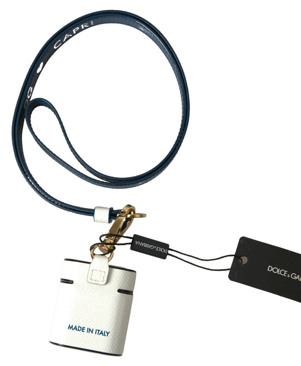 Dolce & Gabbana White Blue Calf Leather Logo Print Strap Airpods Case - Headphone Carrying Cases