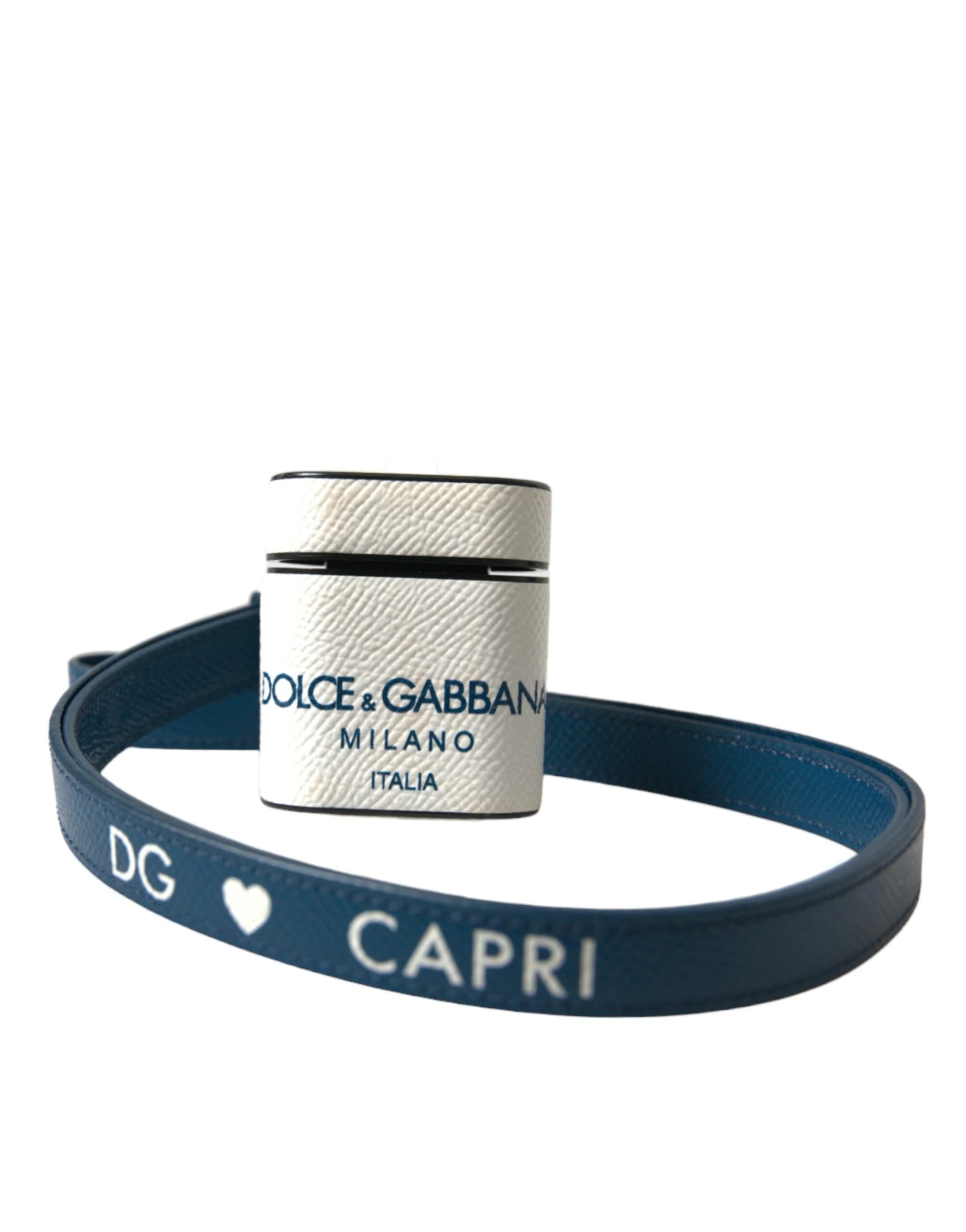 Dolce & Gabbana White Blue Calf Leather Logo Print Strap Airpods Case - Headphone Carrying Cases