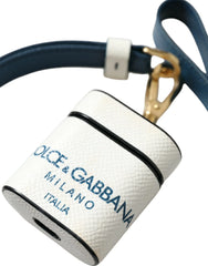Dolce & Gabbana White Blue Calf Leather Logo Print Strap Airpods Case - Headphone Carrying Cases