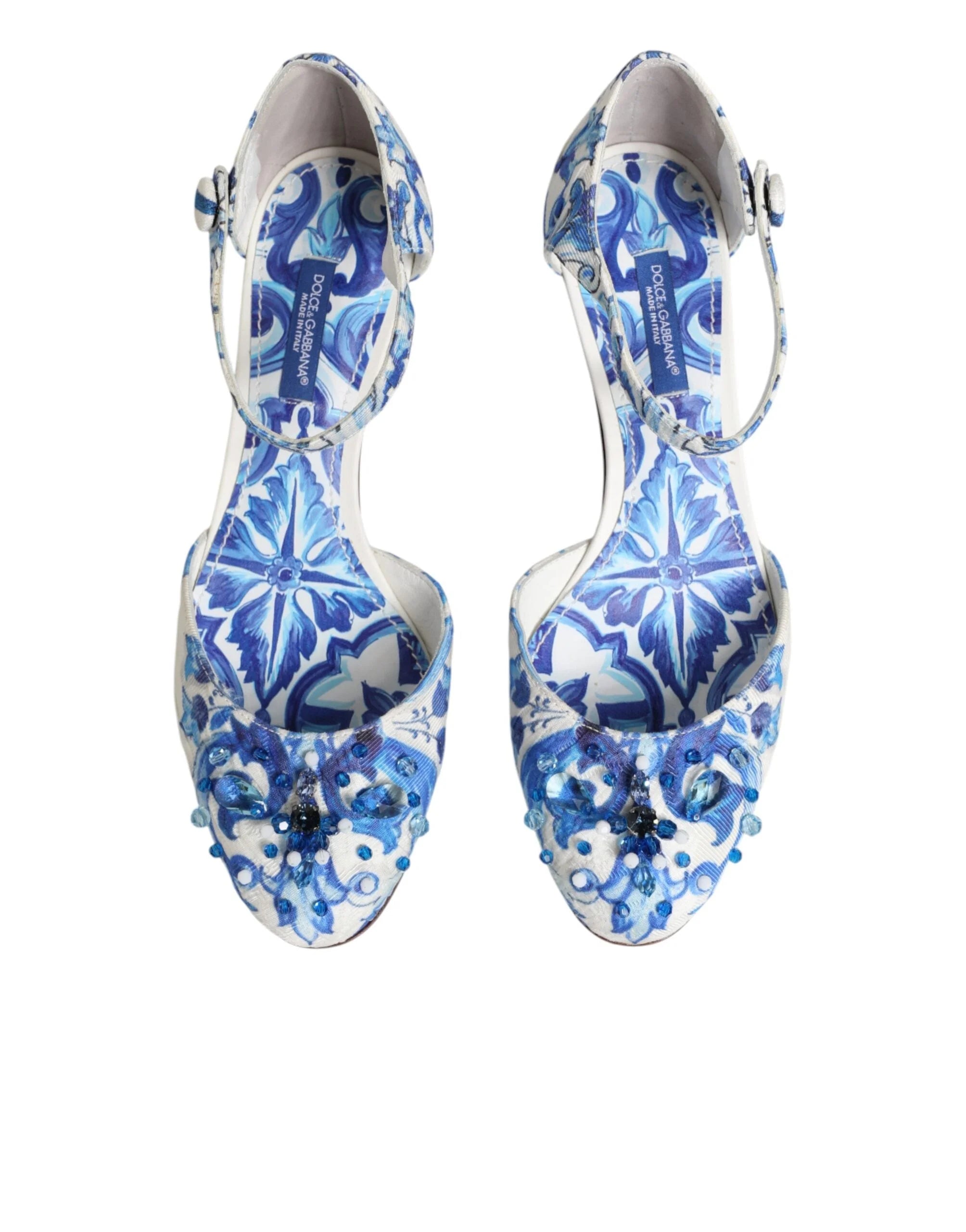 Dolce & Gabbana White Blue Floral Crystal Ankle Straps Shoes - EU36/US5.5