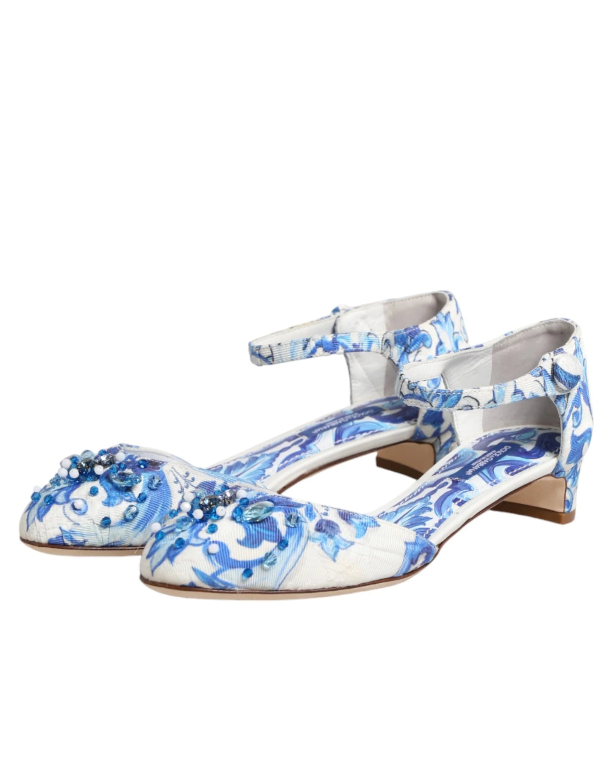 Dolce & Gabbana White Blue Floral Crystal Ankle Straps Shoes - EU36/US5.5