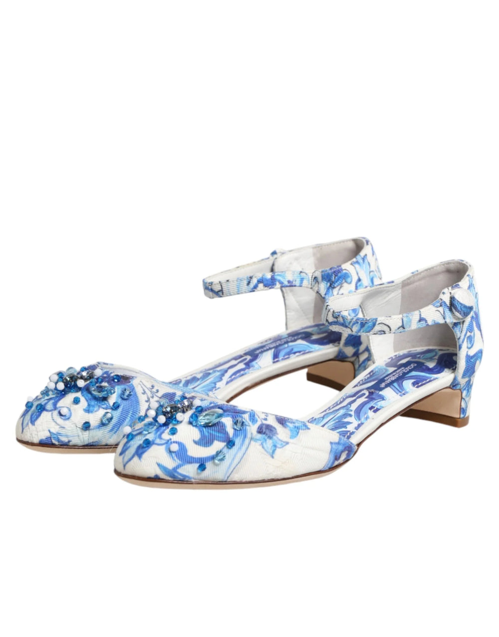 Dolce & Gabbana White Blue Floral Crystal Ankle Straps Shoes - EU36/US5.5
