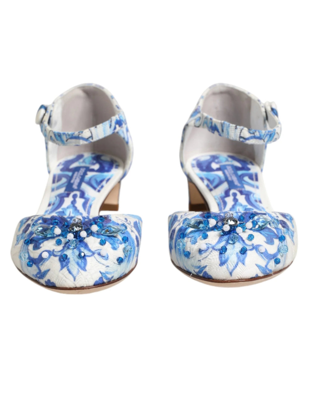Dolce & Gabbana White Blue Floral Crystal Ankle Straps Shoes - EU36/US5.5