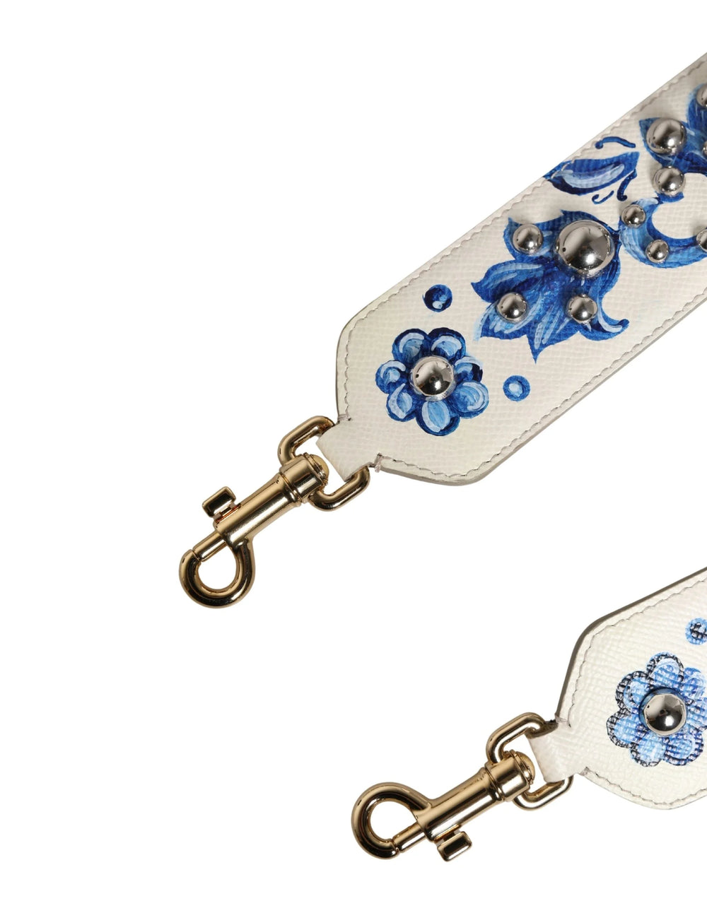 A Dolce & Gabbana luxus fehér bőr táskapánt hátoldala, amelyen tiszta varrások és prémium kivitel látható.