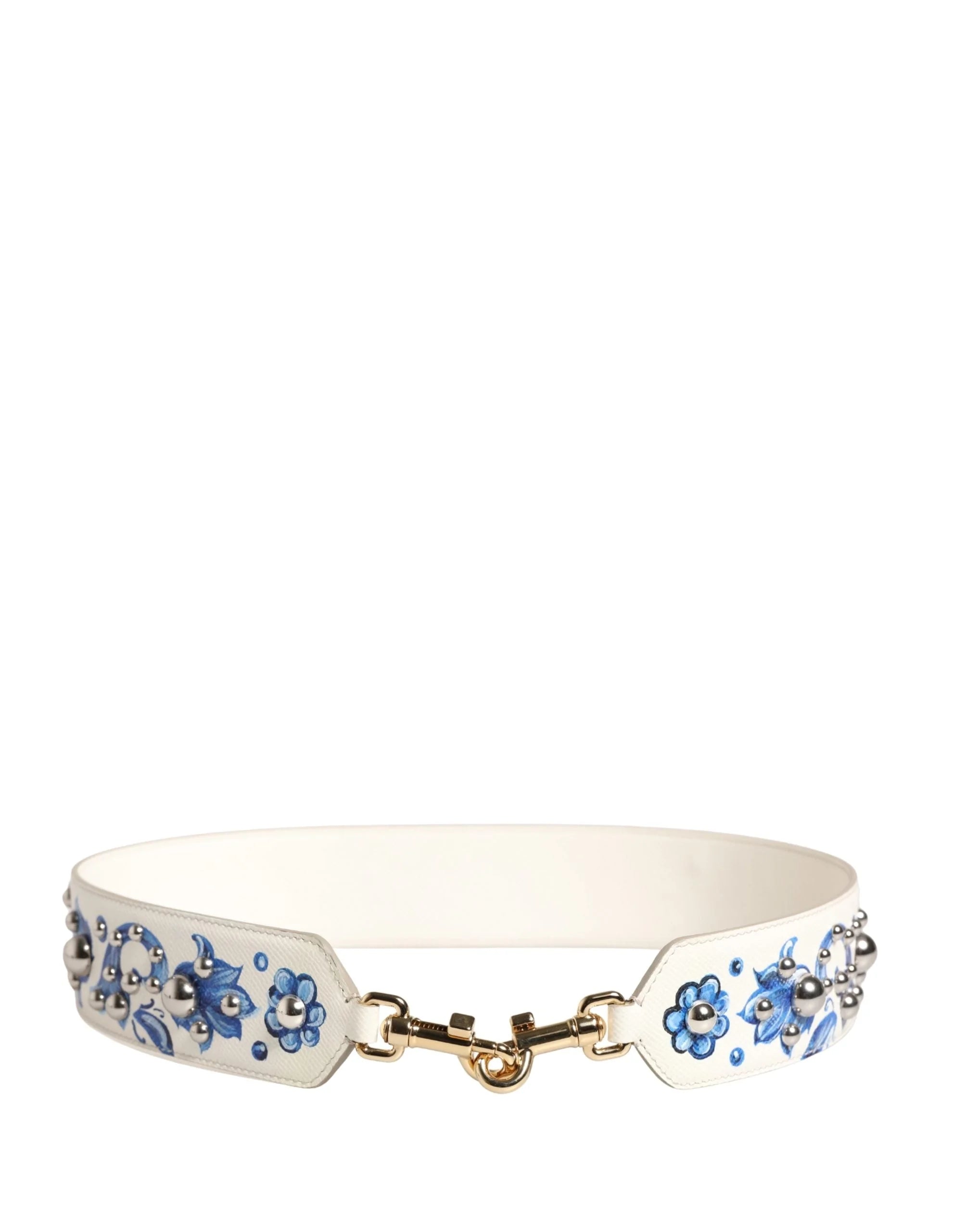 Teljes hosszúságú Dolce & Gabbana fehér és kék virágos bőr pánt állítható arany színű fém szegecsekkel.