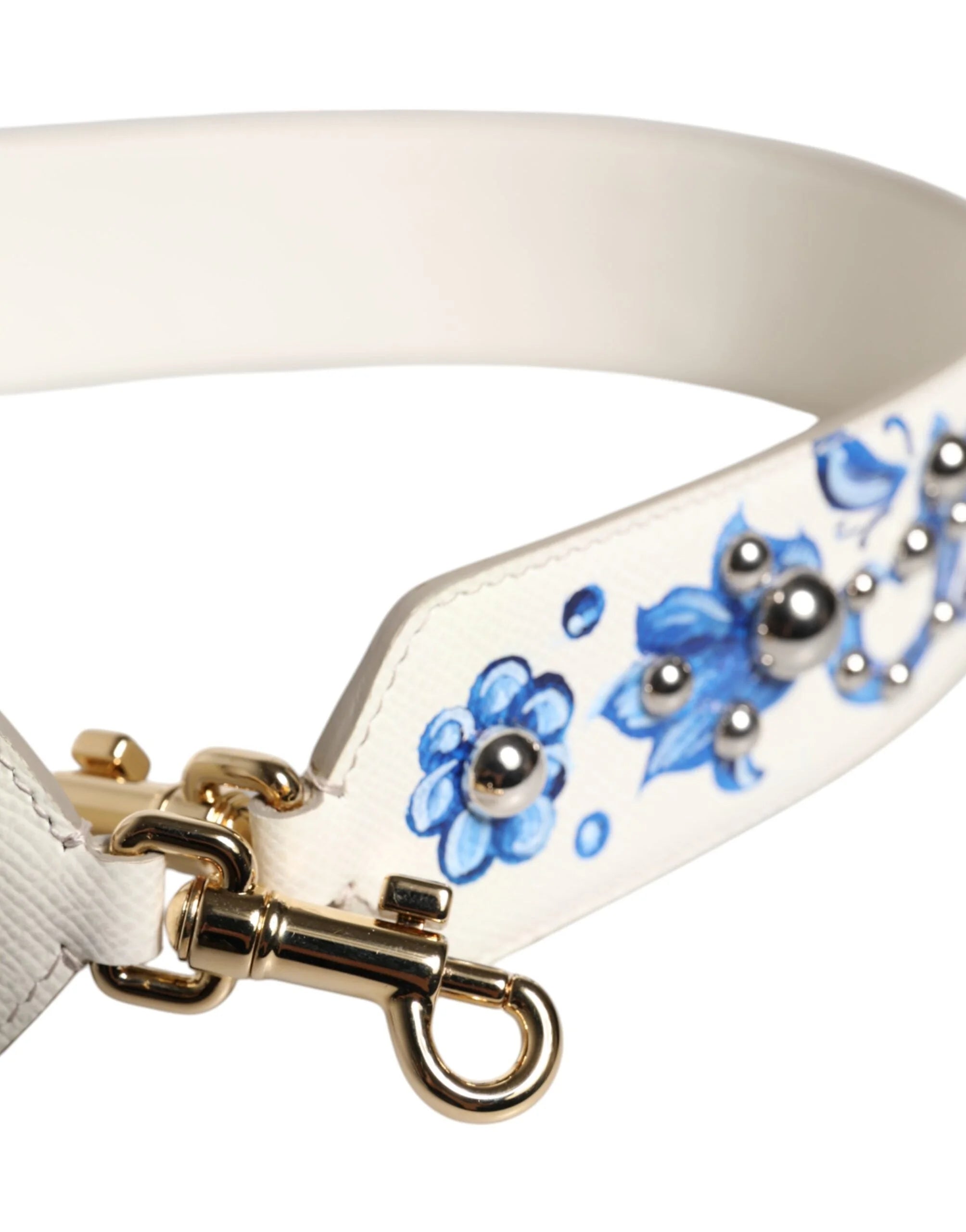 Dolce & Gabbana White Blue Floral Leather Stud Shoulder Strap - Handbag & Wallet Accessories