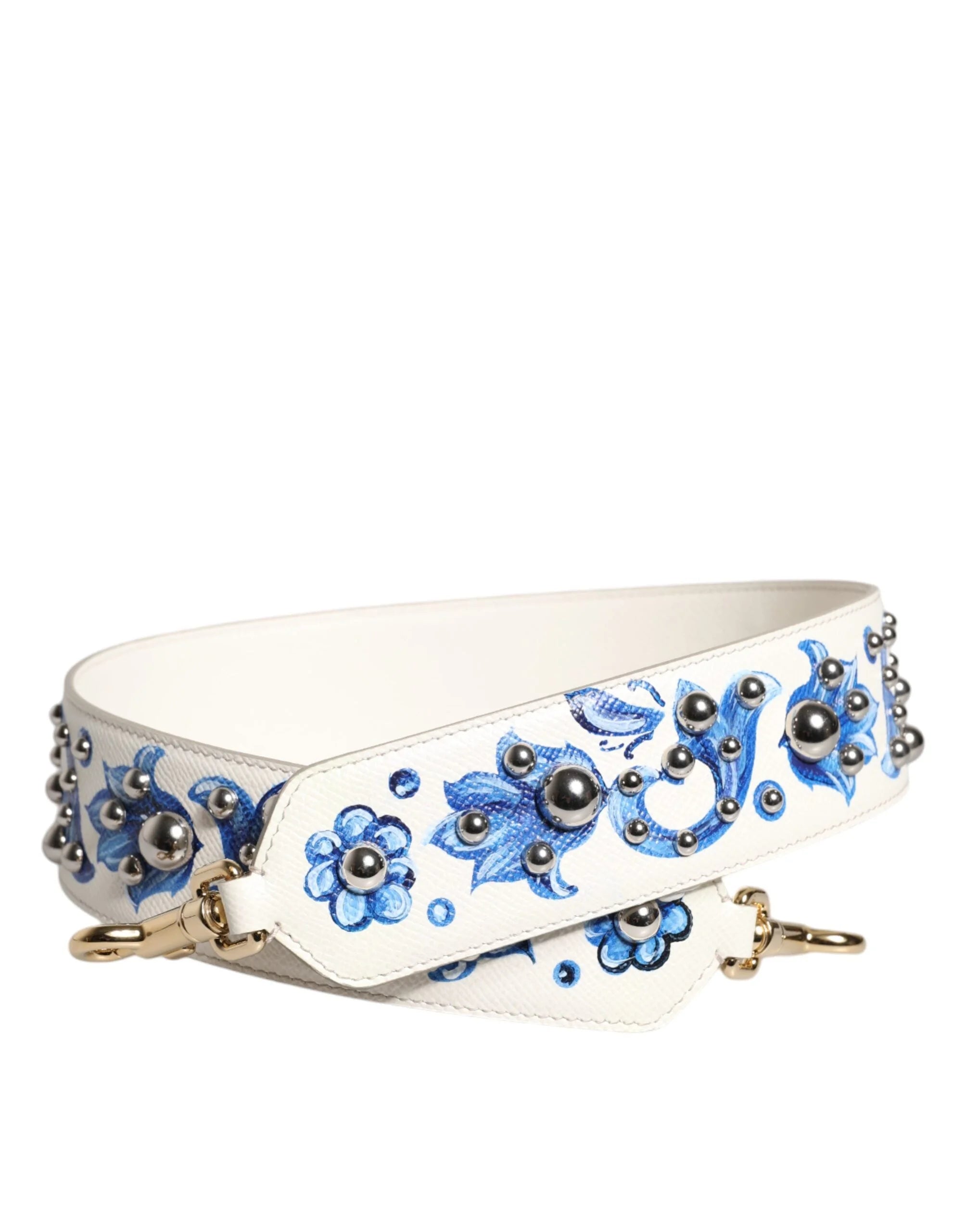 Dolce & Gabbana White Blue Floral Leather Stud Shoulder Strap - Handbag & Wallet Accessories