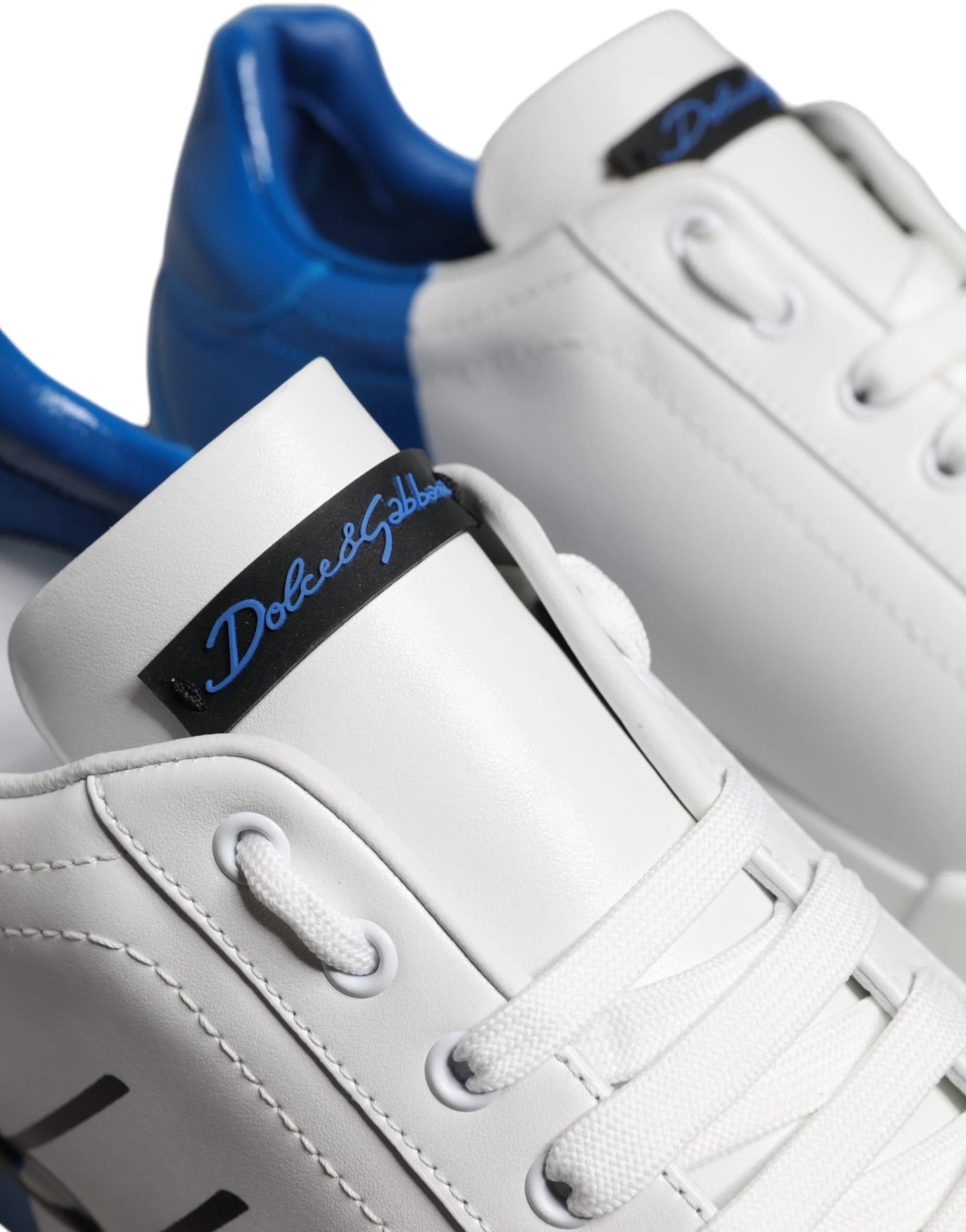 Dolce & Gabbana White Blue Leather Logo Low Top Sneakers Shoes - Sneakers